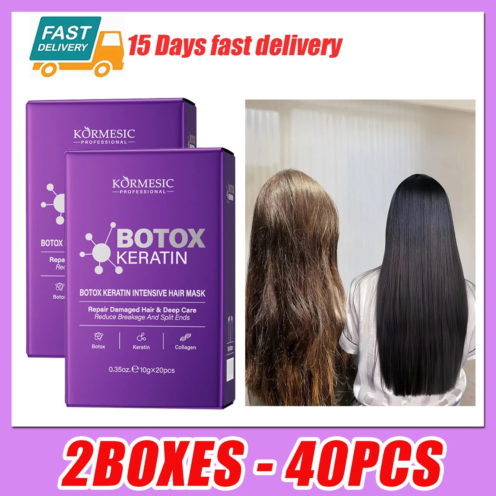 Kormesic Botox Keratin hair mask for deep repair, frizz control, and smooth, shiny hair treatment in 40-piece set.