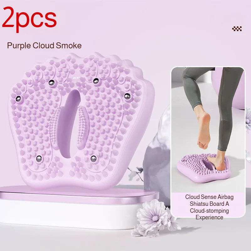 Two purple, foot-shaped inflatable massage mats with acupoint bumps and embedded magnetic stones for foot therapy.
