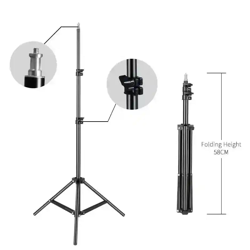 Black metal photography light stand with adjustable locking knobs, metal mounting tip, and 58cm collapsed folding