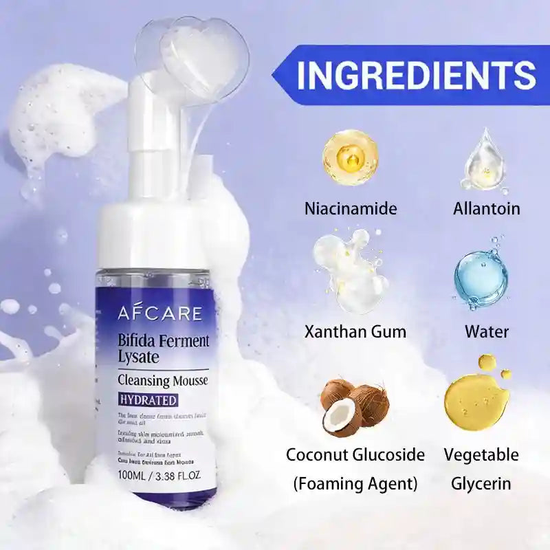 AFCARE cleansing mousse bottle with a silicone brush top, surrounded by foam, with icons for ingredients.
