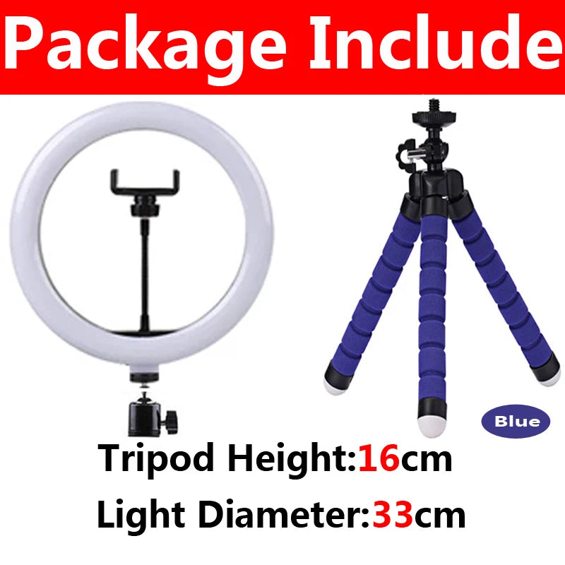33cm ring light with phone mount and 16cm flexible blue foam tripod for photography and video streaming.