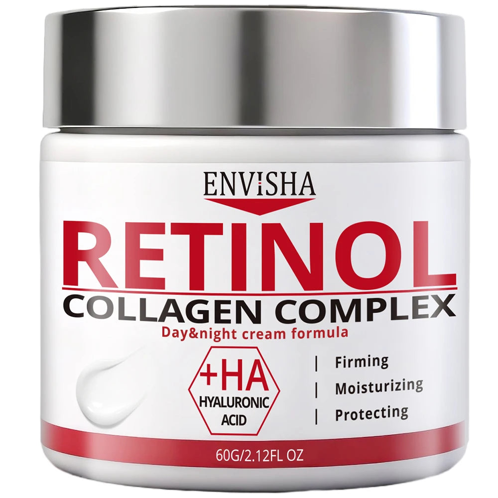 White jar labeled RETINOL COLLAGEN COMPLEX day & night cream with firmness claims