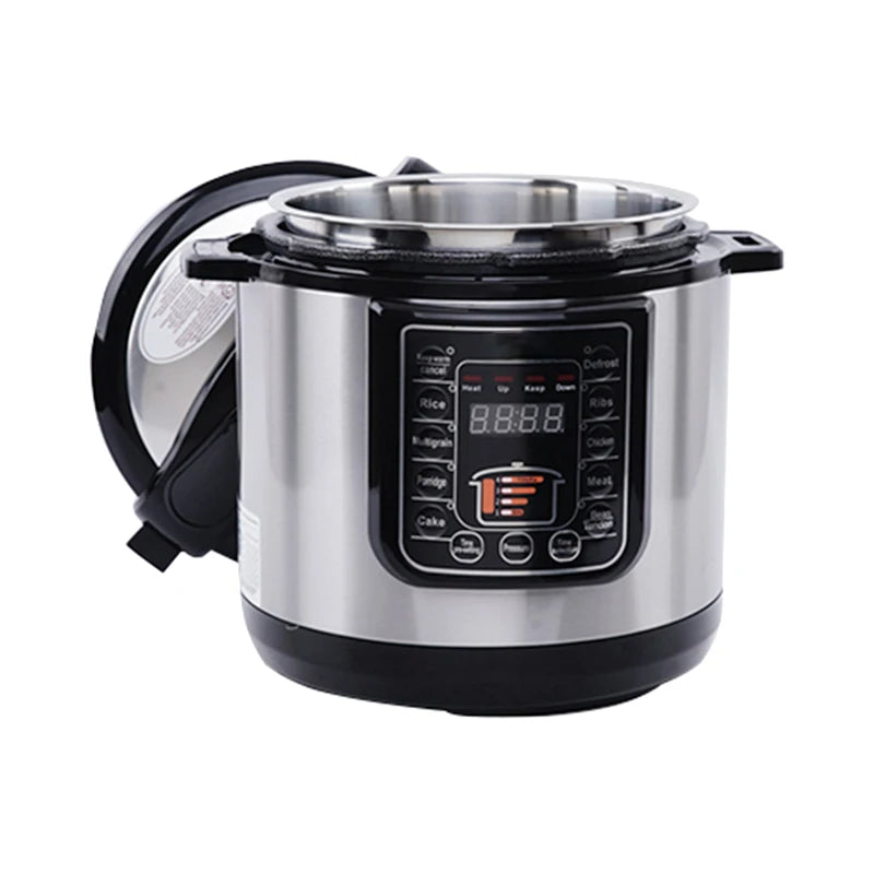 Stainless electric pressure cooker with black lid partially open and digital control panel
