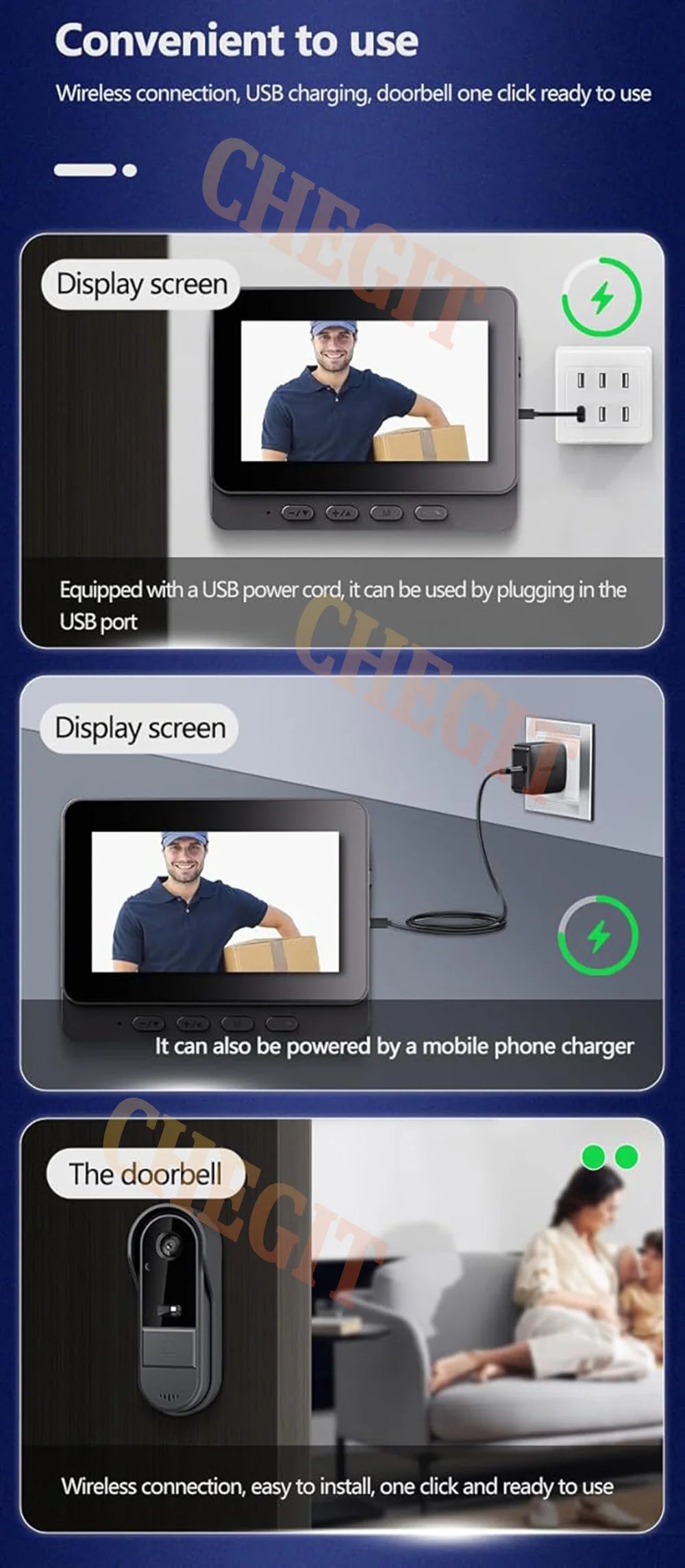 Wireless Wifi Doorbell Camera 1080P Video Intercom Doorbell Waterproof 4.3in IPS Screen Home Security Door Bell IR Night Vision