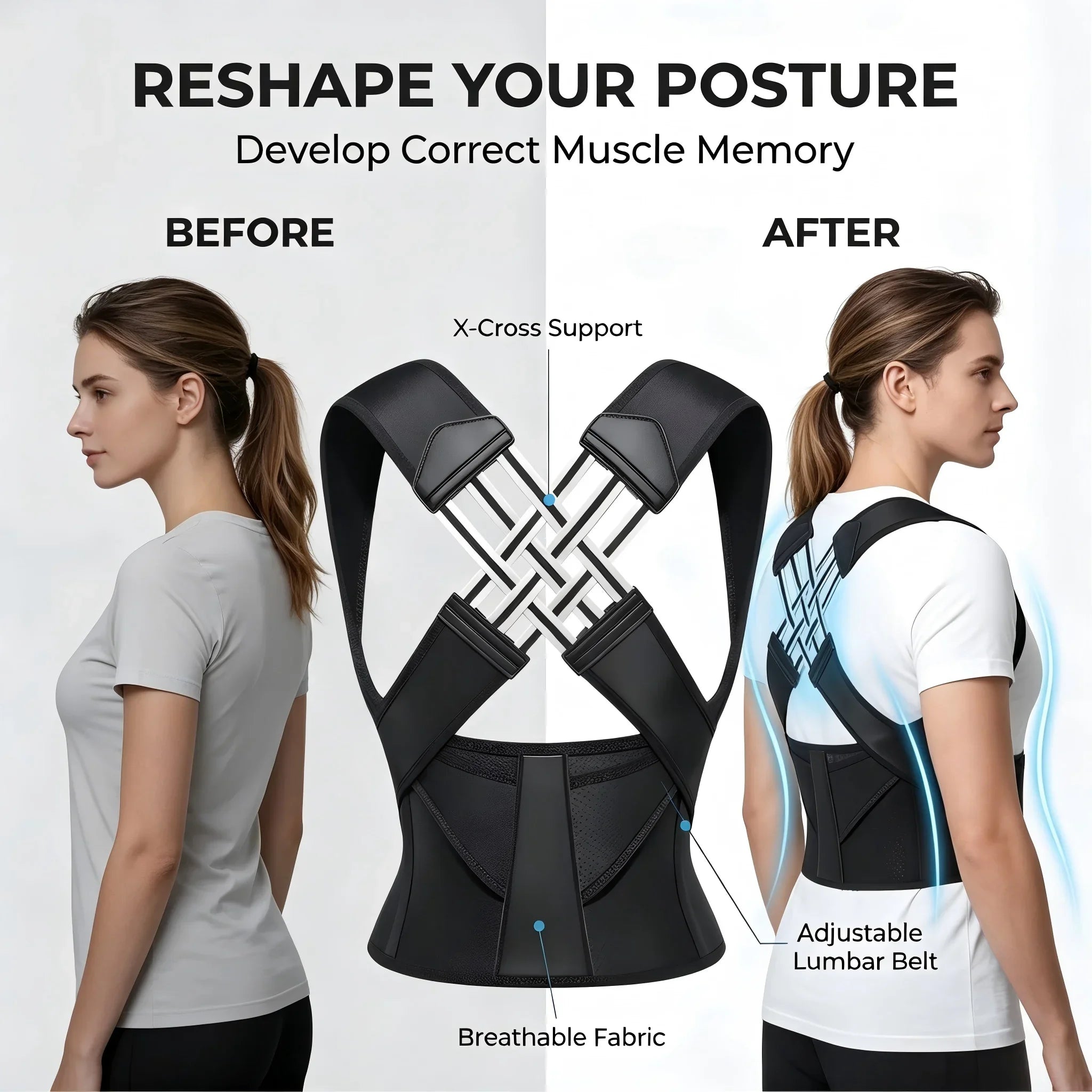 Adjustable Posture Corrector for Men Women, X-Cross Back Brace Shoulder Support Belt, Breathable Lumbar Corrector for Hunchback