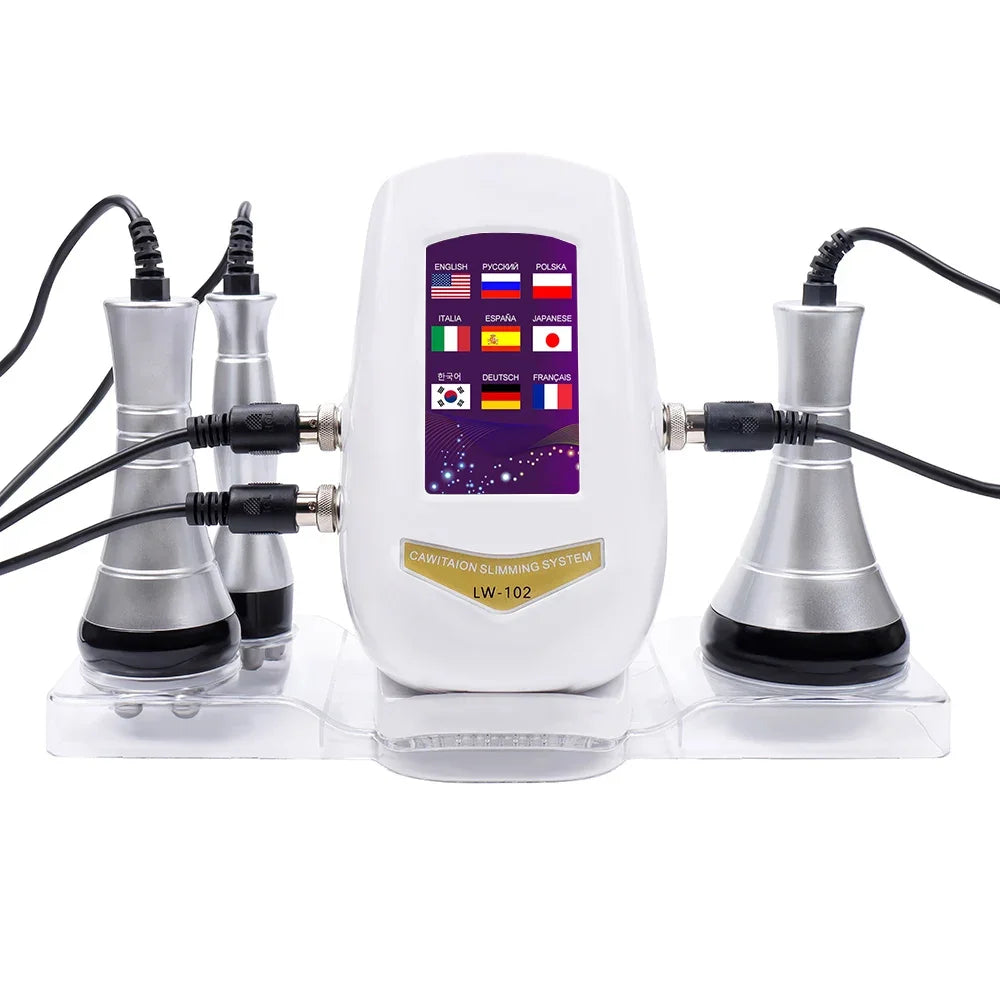 White 40k ultrasonic body slimming machine with a digital touchscreen display, three metallic probes, and black cables.