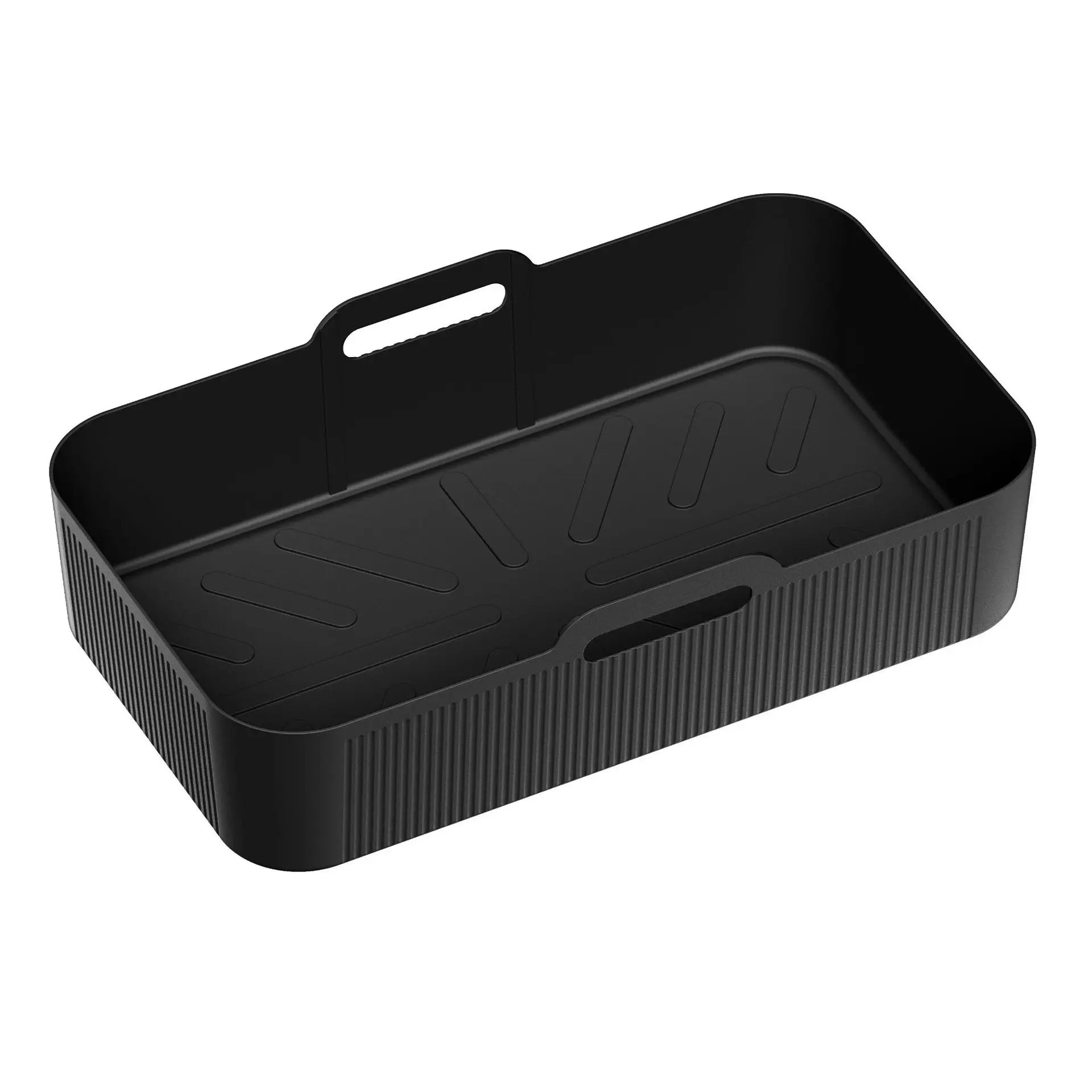 Black silicone long air fryer liner tray with carry handle and ribbed non-stick surface.