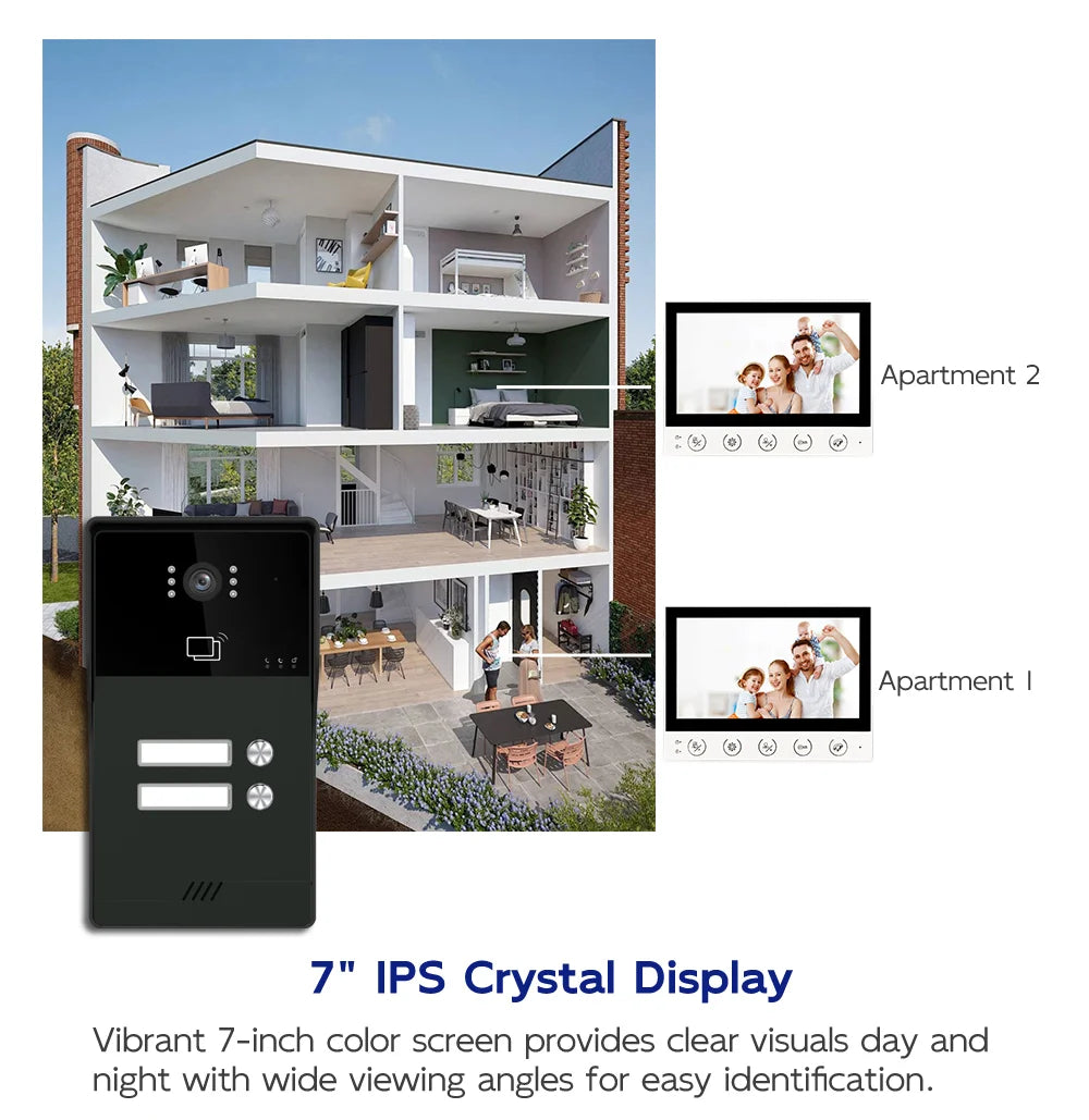7-inch 4-line video doorbell intercom system, CVBS interface, 1-2 units, with night vision function, suitable for apartments