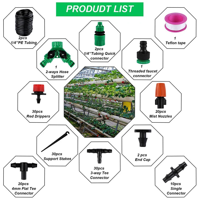 DIY micro drip irrigation tubing kit layout with green quick connectors and fittings