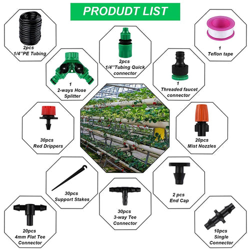 DIY micro drip irrigation tubing kit layout with green quick connectors and fittings