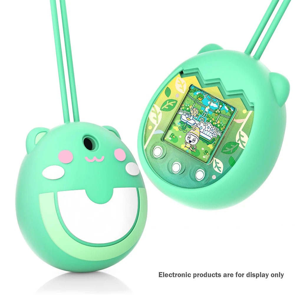Shockproof green silicone case for Tamagotchi Pix with hand strap for durable virtual pet console protection.