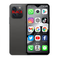 Black SOYES F9 Max mini smartphone, 4.3-inch Android 12 screen, front and back views showing triple camera design.