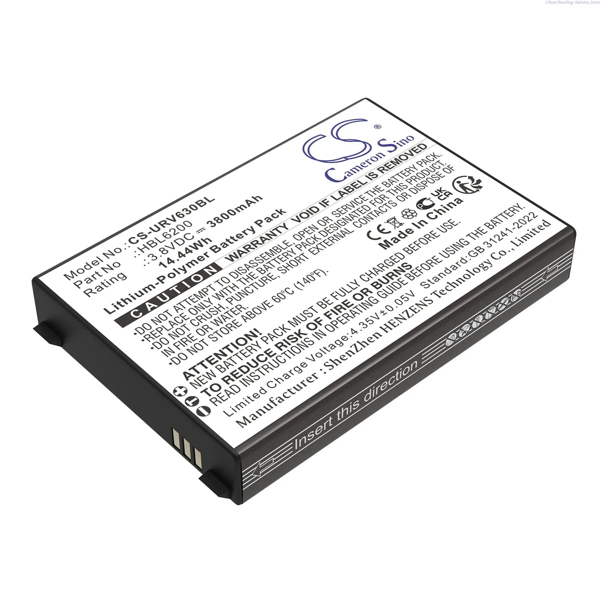 Barcode scanner battery pack back label with safety text, black rectangular casing