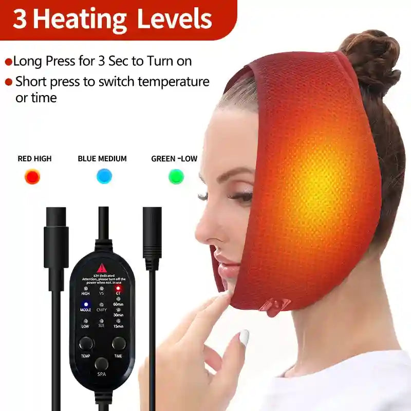 Red fabric heated jaw wrap with an adjustable corded controller for pain relief or cosmetic jaw treatment.