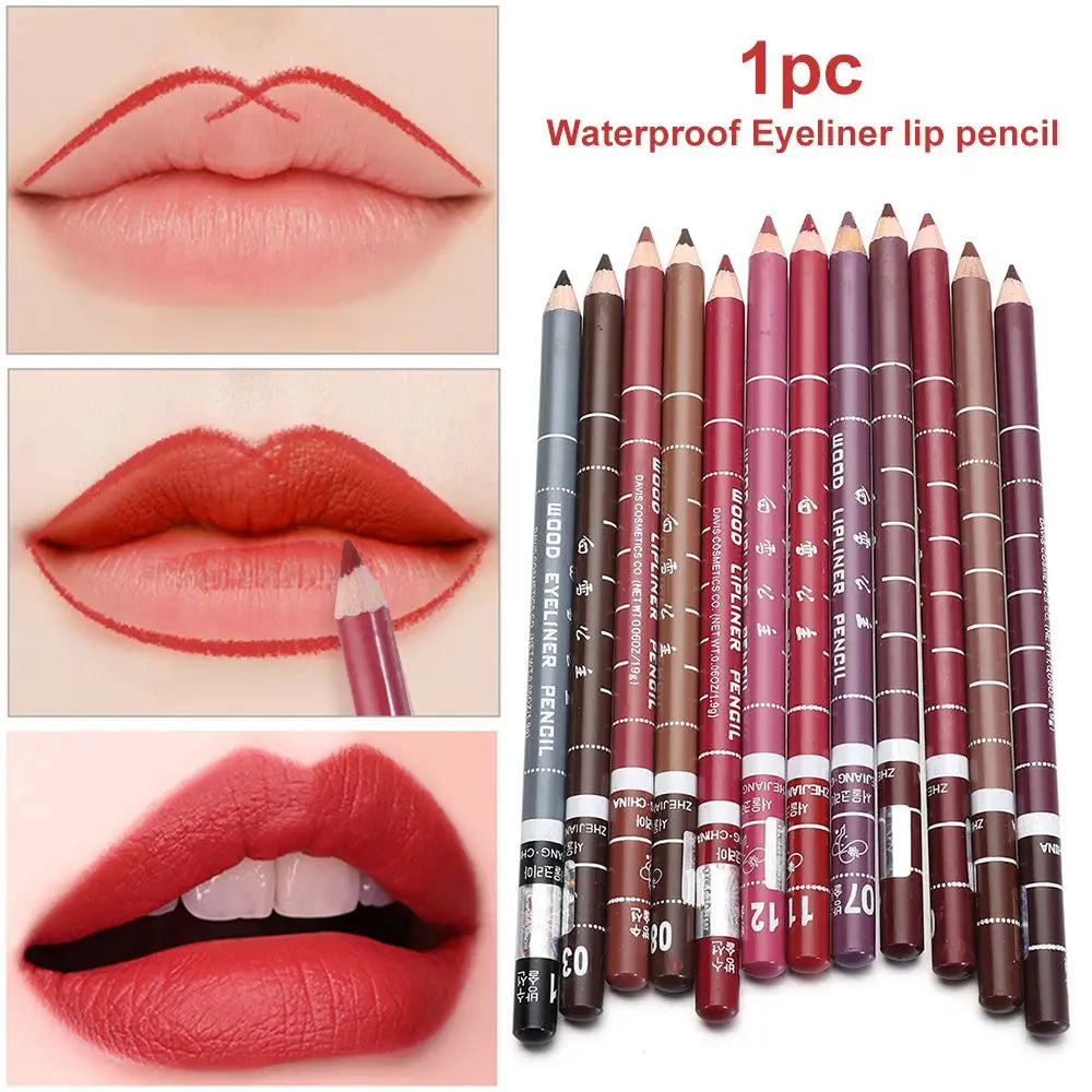 Professional waterproof wood lip liner pencil collection in assorted matte red and brown shades for precise lip makeup.