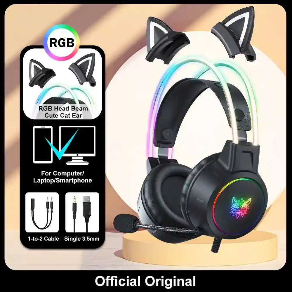 Pink Cat Ear Gaming Headset | Wireless Over-Ear Headphones with Mic Black with Cat Ear Tidesmit