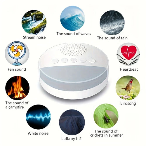 White sleep sound machine with round white design, control buttons, and various ambient noise options for better rest.