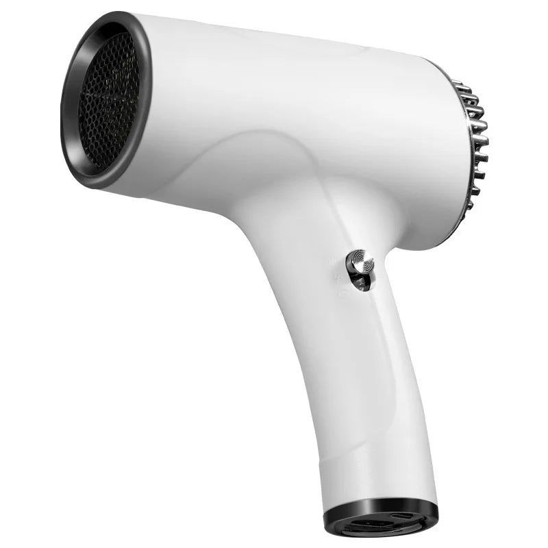 White portable wireless hair dryer with negative ion technology, compact professional design, and overheat protection.