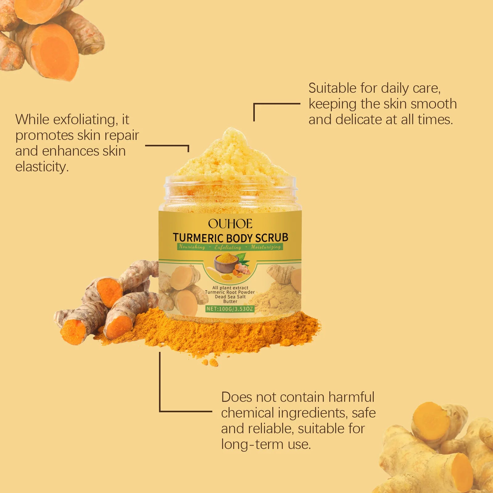 Turmeric Body Scrub for Women Men Lightening Exfoliate Remove Dead Skin Pore Cleansing Dark Inner Moisturising Smooth Skin Care