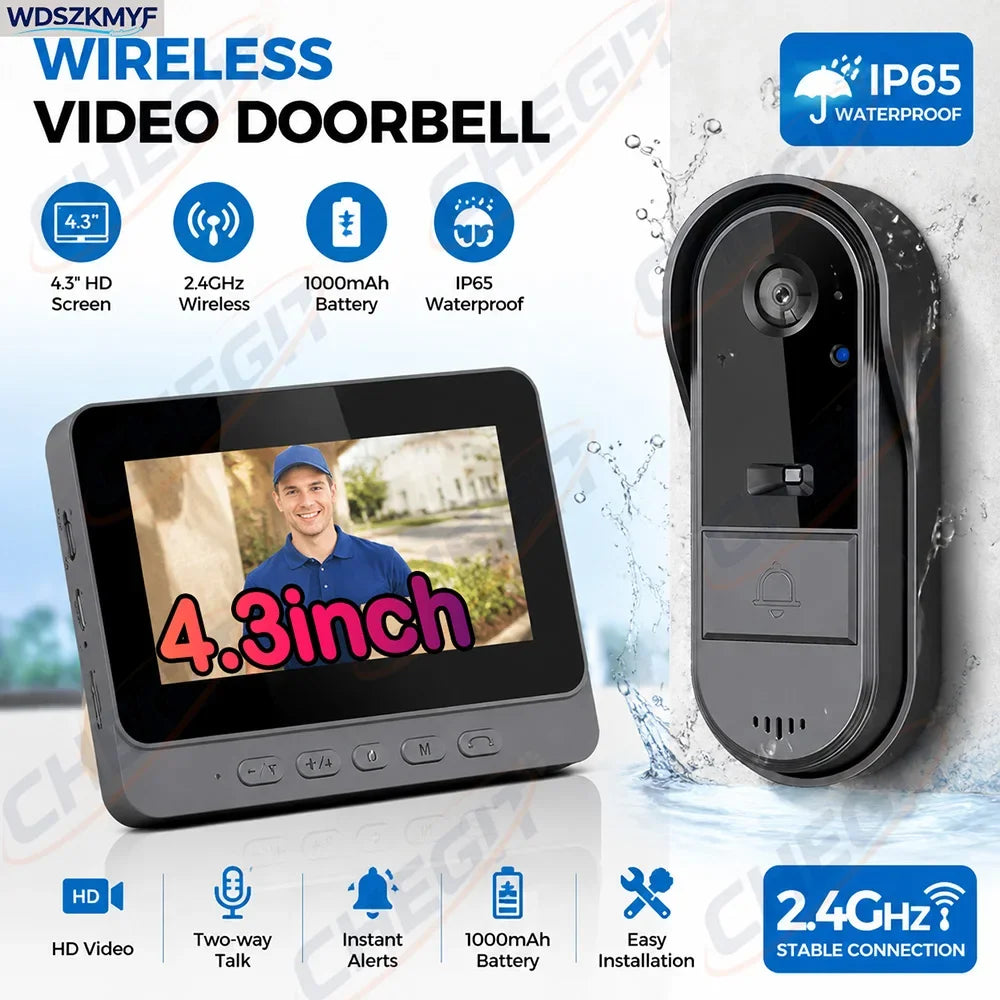 Waterproof Smart 2.4G Wireless Doorbells Video Intercom Camera Inteligente Night Vision 4.3inch Screen For Security Home