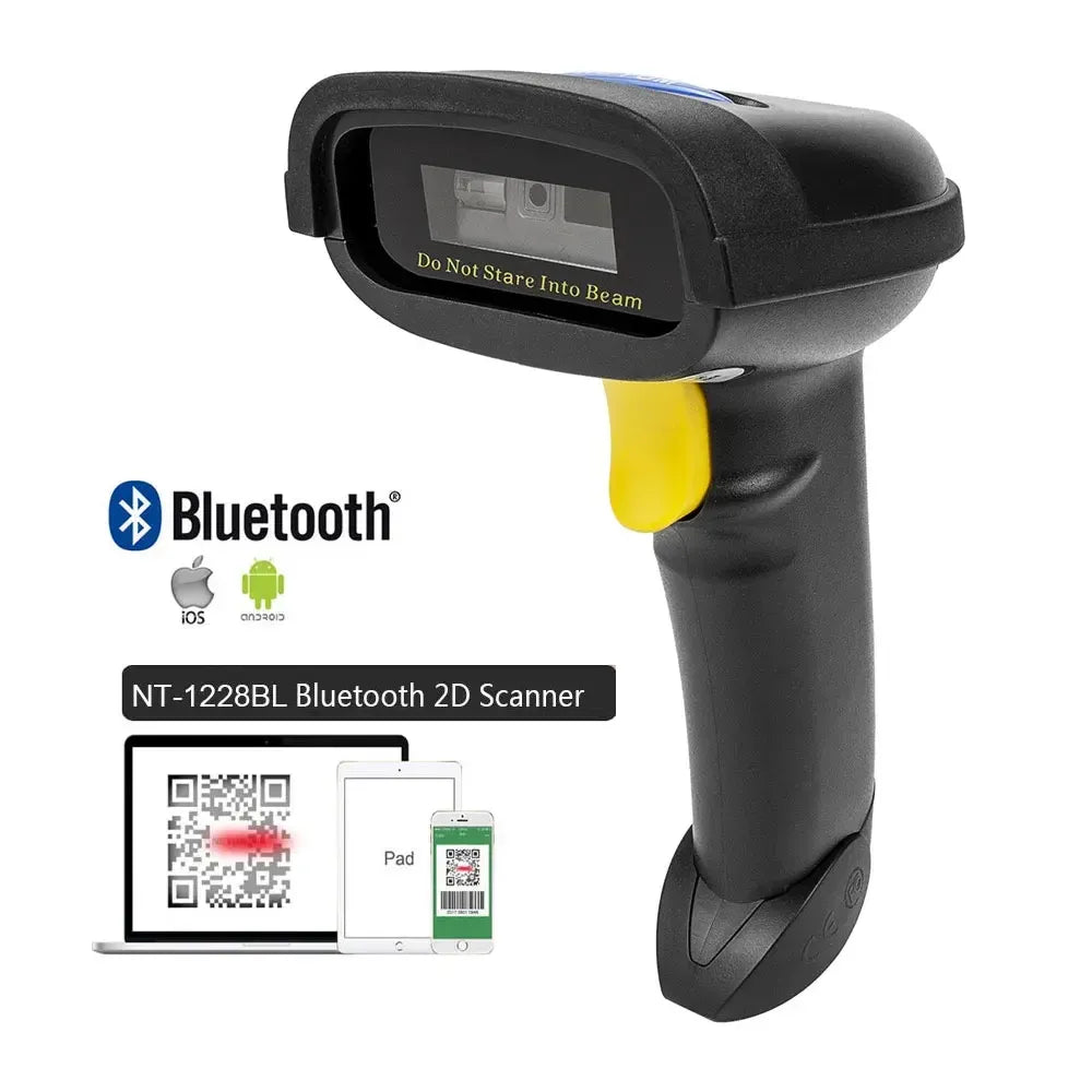 Handheld black 2D Bluetooth barcode scanner with front scan window and yellow side detail