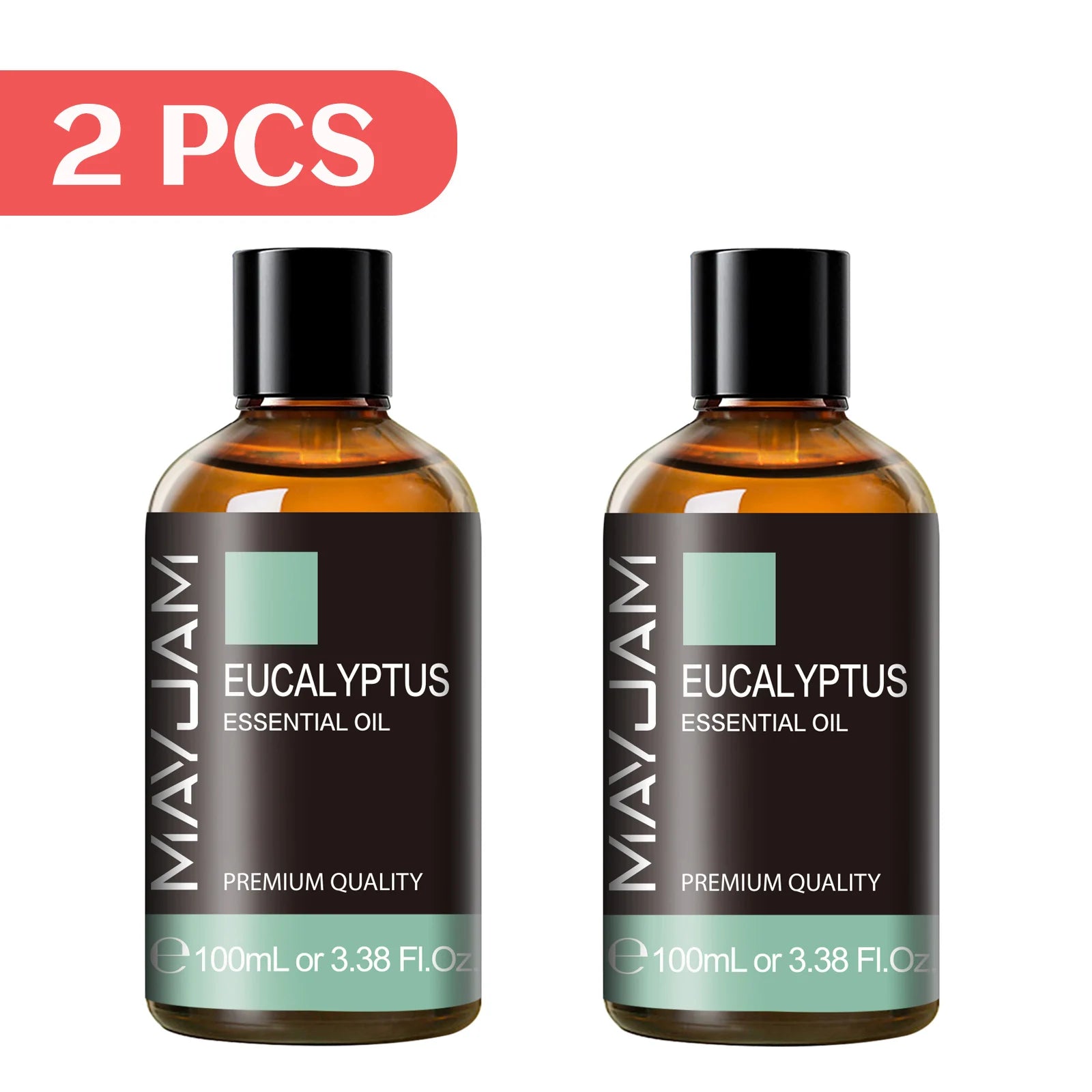 2-pack Eucalyptus essential oil bottles, amber glass, black caps, 100ml