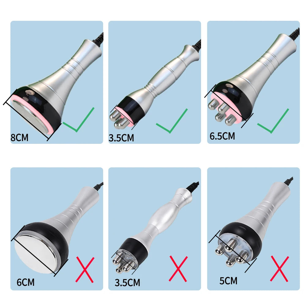Six silver 40K cavitation and RF probe attachments of various sizes and designs, shown with checkmarks or X marks.