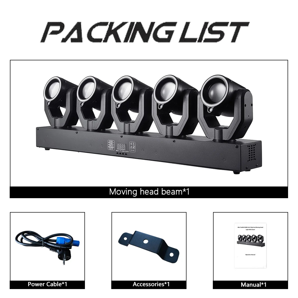Black moving head beam light (1-pack) with multiple lens heads on a base