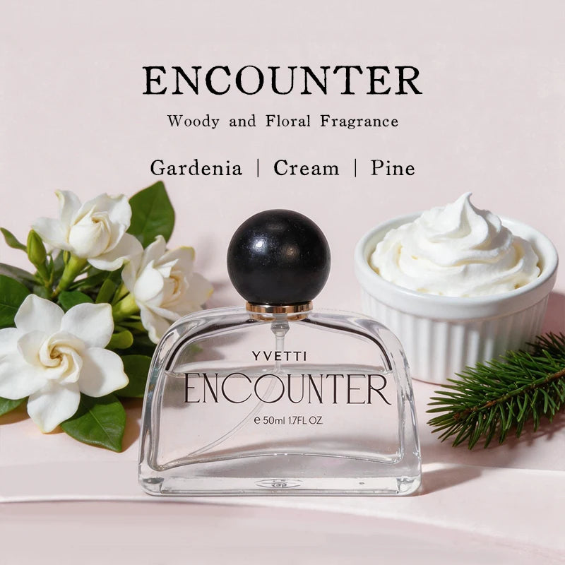 Yvettei Encounter women's floral woody perfume, 50ml, round black cap, gardenia, cream, and pine notes, luxury scent.