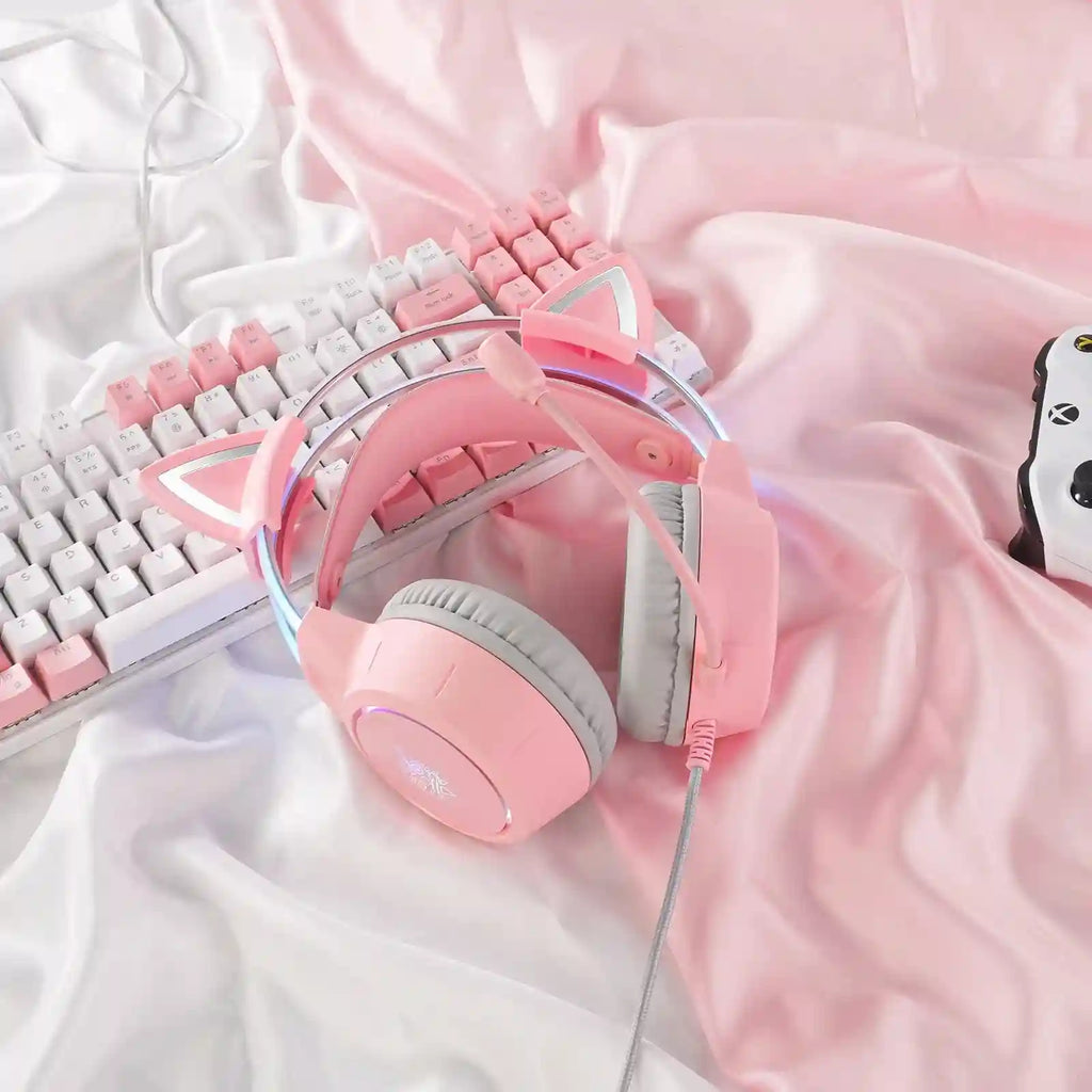 Pink Cat Ear Gaming Headset | Wireless Over-Ear Headphones with Mic Tidesmit
