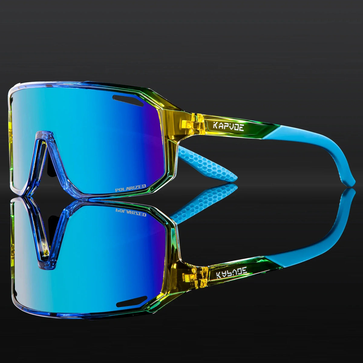 Kids polarized sport sunglasses with blue frame and blue mirrored lenses with green accents.