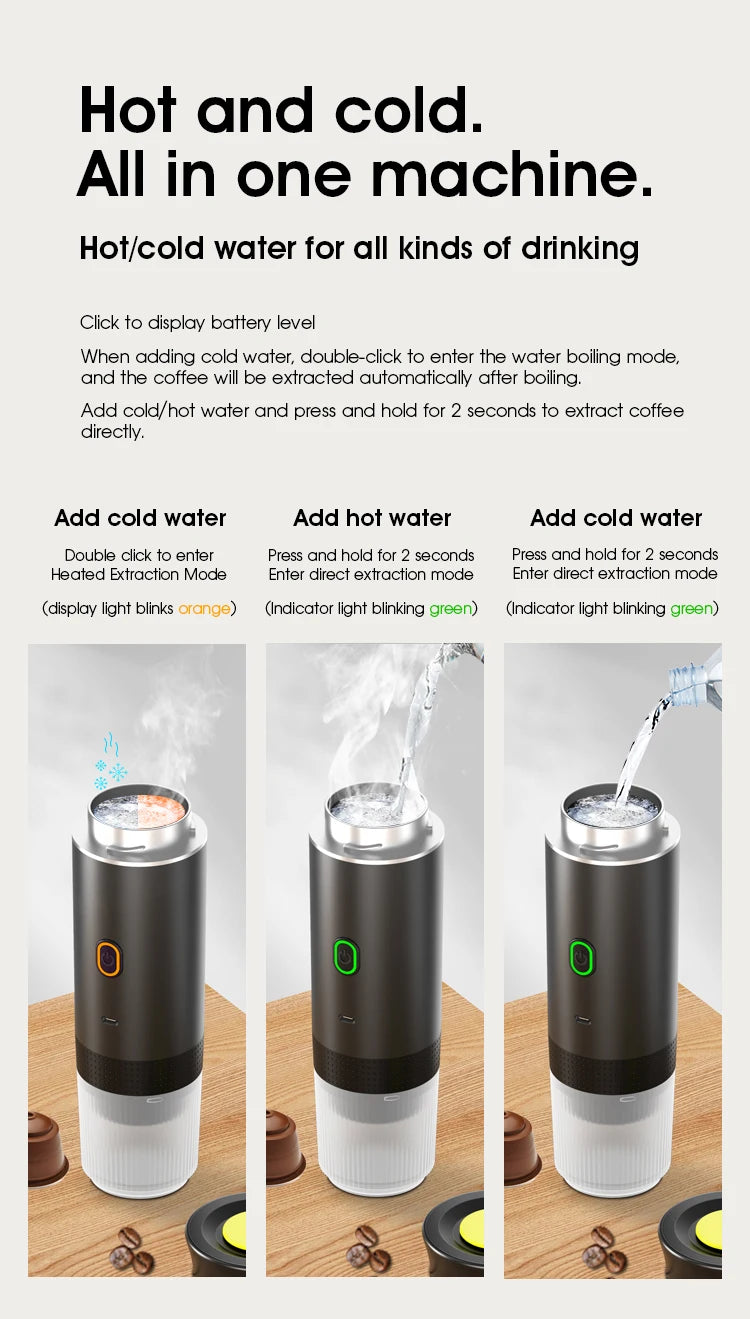 Portable electric coffee maker, black cylinder design with LED indicator for hot and cold water extraction modes.