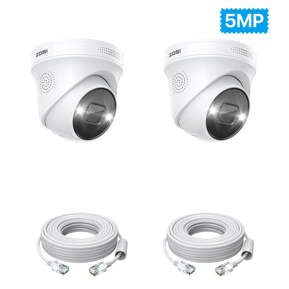 ZOSI 5MP AI dome security camera set: 2 white cameras with Ethernet cable pair