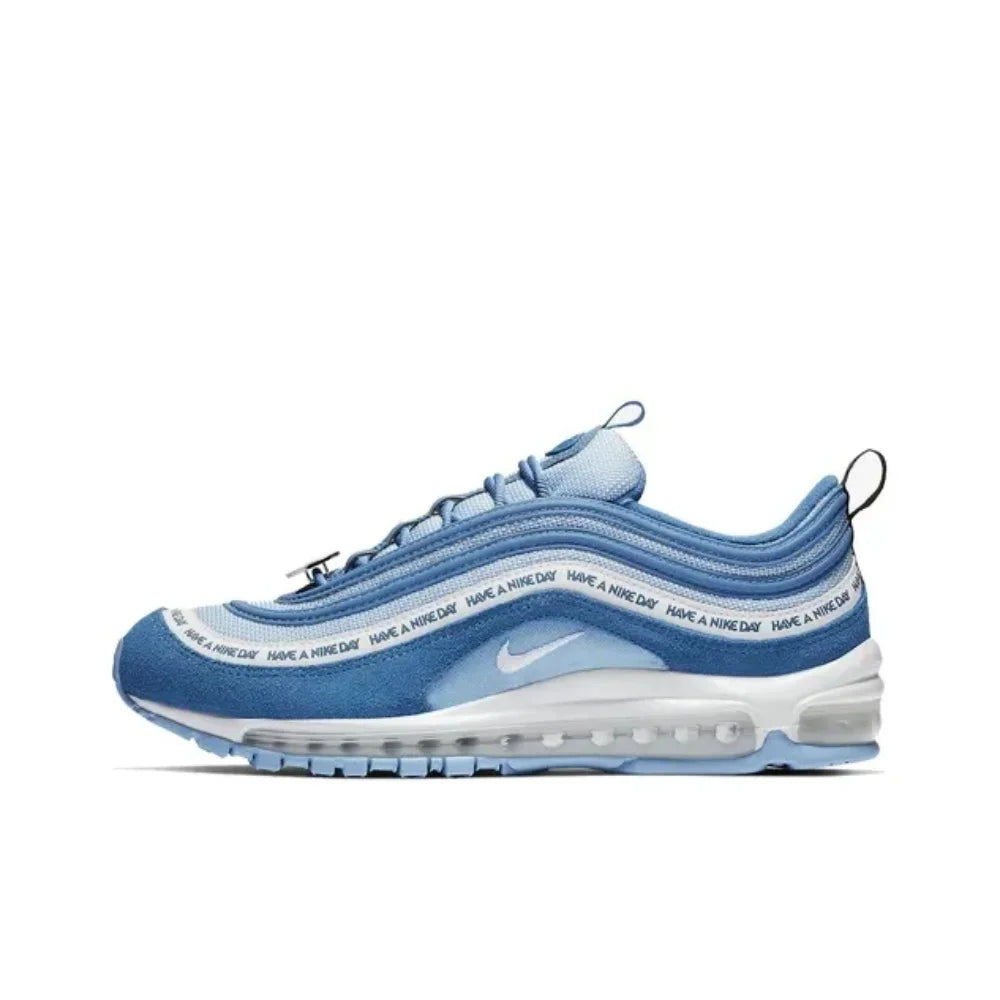 Nike Air Max 97 “Have A Nike Day” blue suede and mesh sneakers with white midsole and full-length Air cushioning.