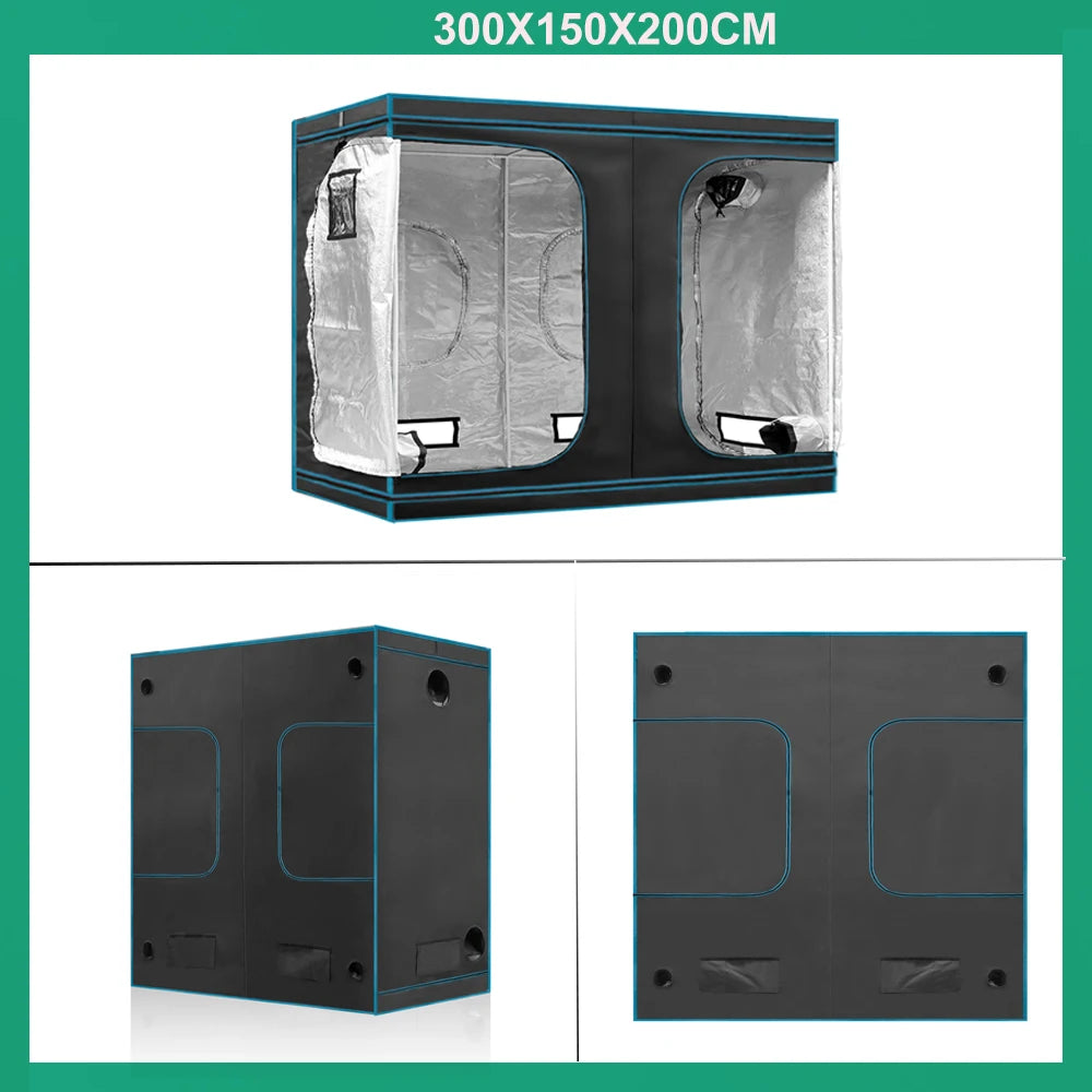 Grow tent set with dark frame and white liner, large open interior and side panel view