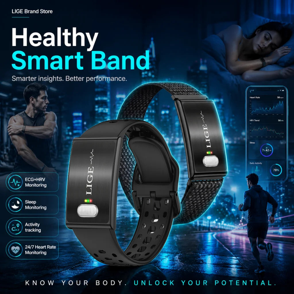 LIGE ECG HRV Health Smart Bracelet Heart Rate Blood Pressure Monitoring Body Fat BMI Body Temperature Fitness Tracker Smartwatch