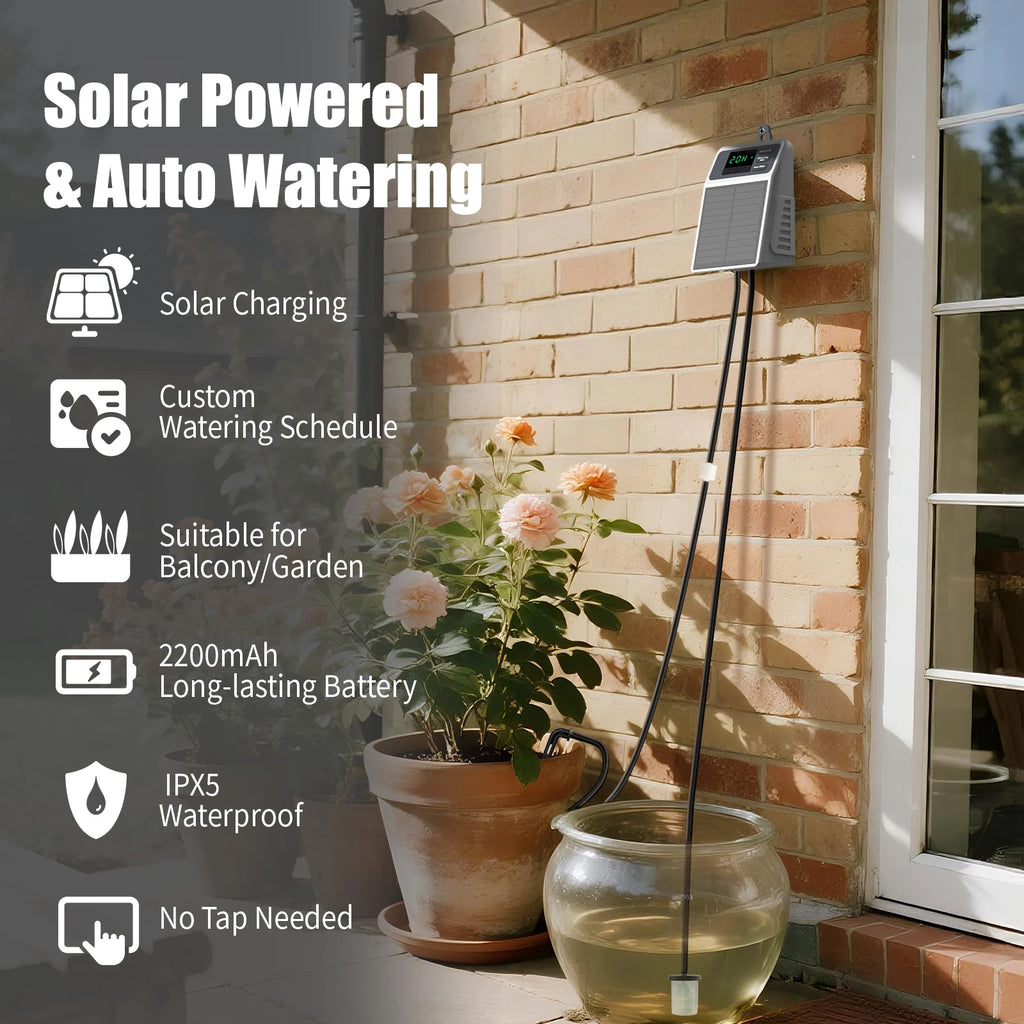 Solar powered automatic plant watering controller with hanging tube for indoor pots