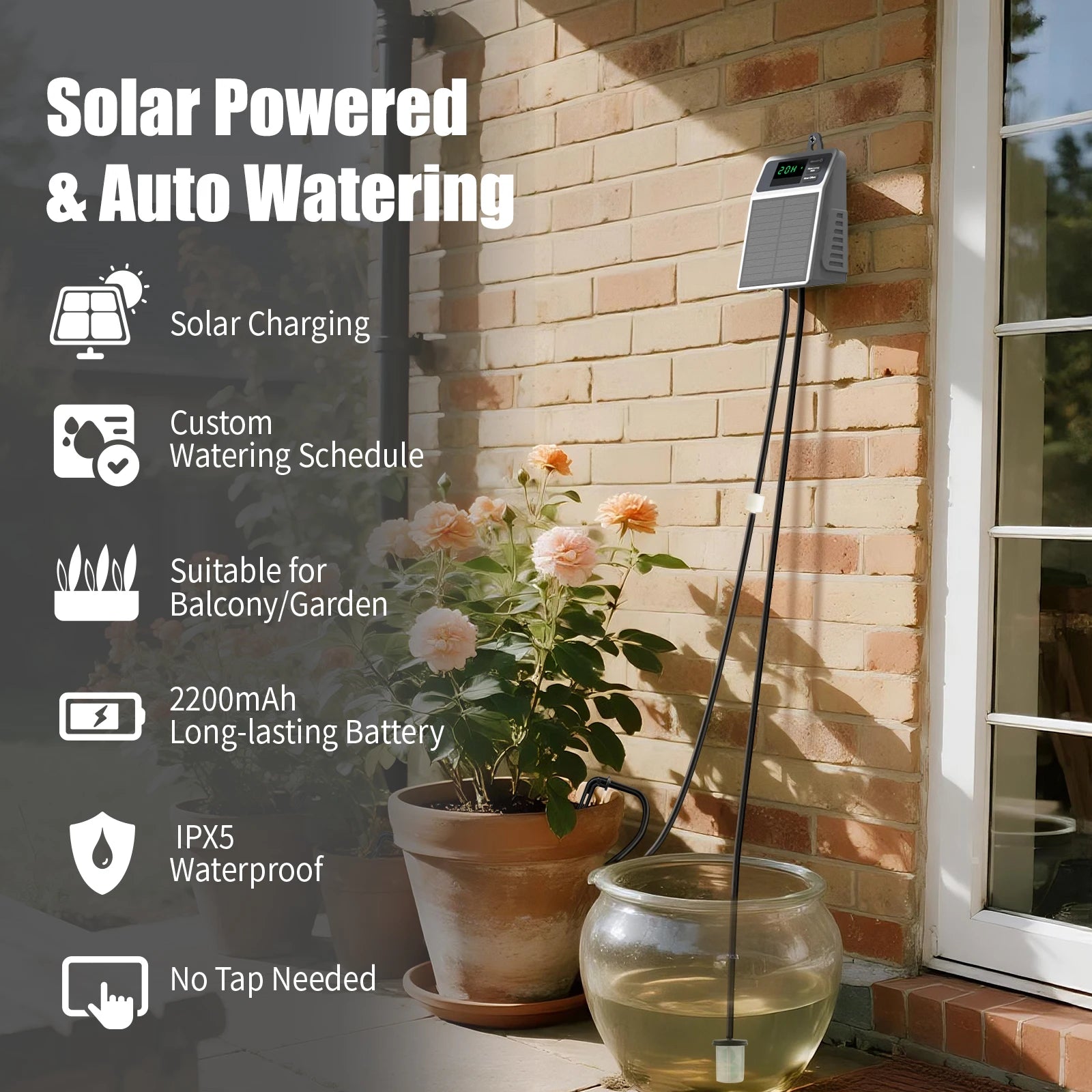Solar powered automatic plant watering controller with hanging tube for indoor pots