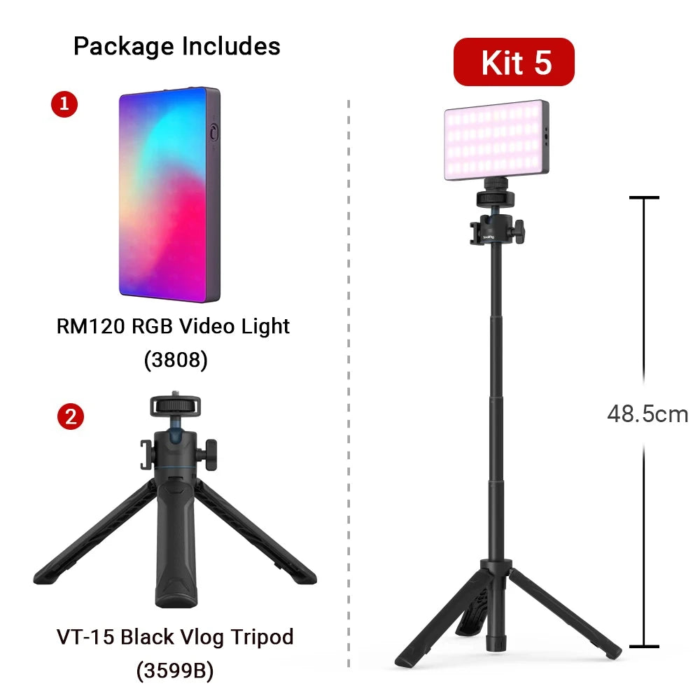 RM120 RGB video light and VT-15 black extendable tripod for photography and vlogging, standing 48.5cm tall.