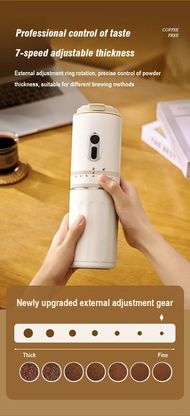 Portable beige electric coffee grinder with 7-speed external thickness adjustment dial for precise grinding.