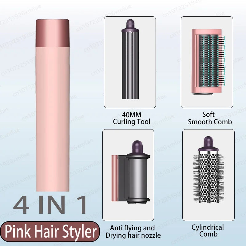 Pink 6-in-1 high-speed hair dryer brush with curling, smoothing, and volumizing attachments for professional styling.