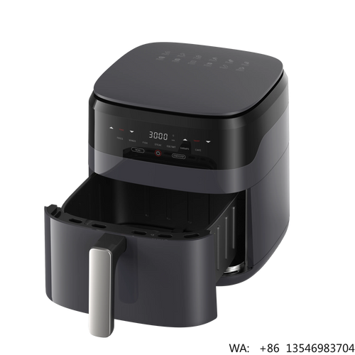 Black air fryer with open cooking basket and digital control display