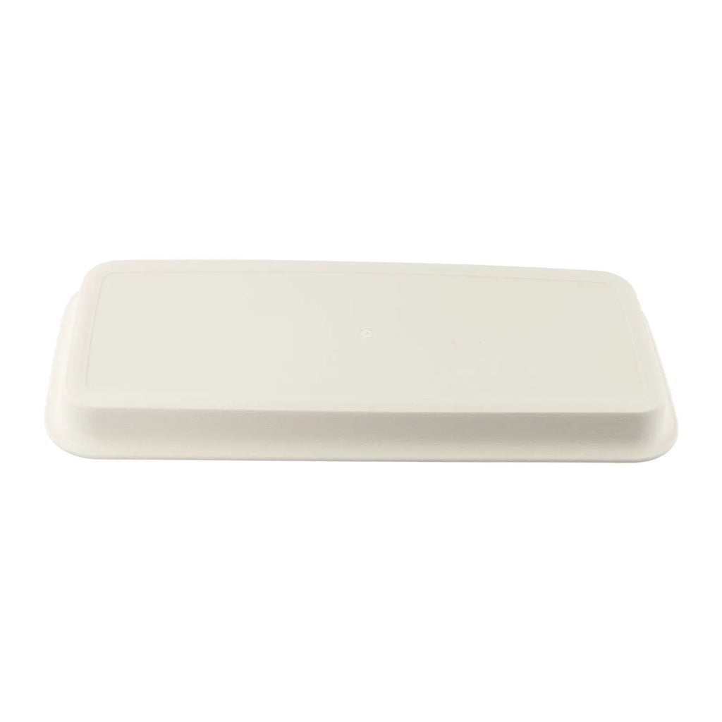 Rectangular plastic plant tray, light beige, angled view of shallow base