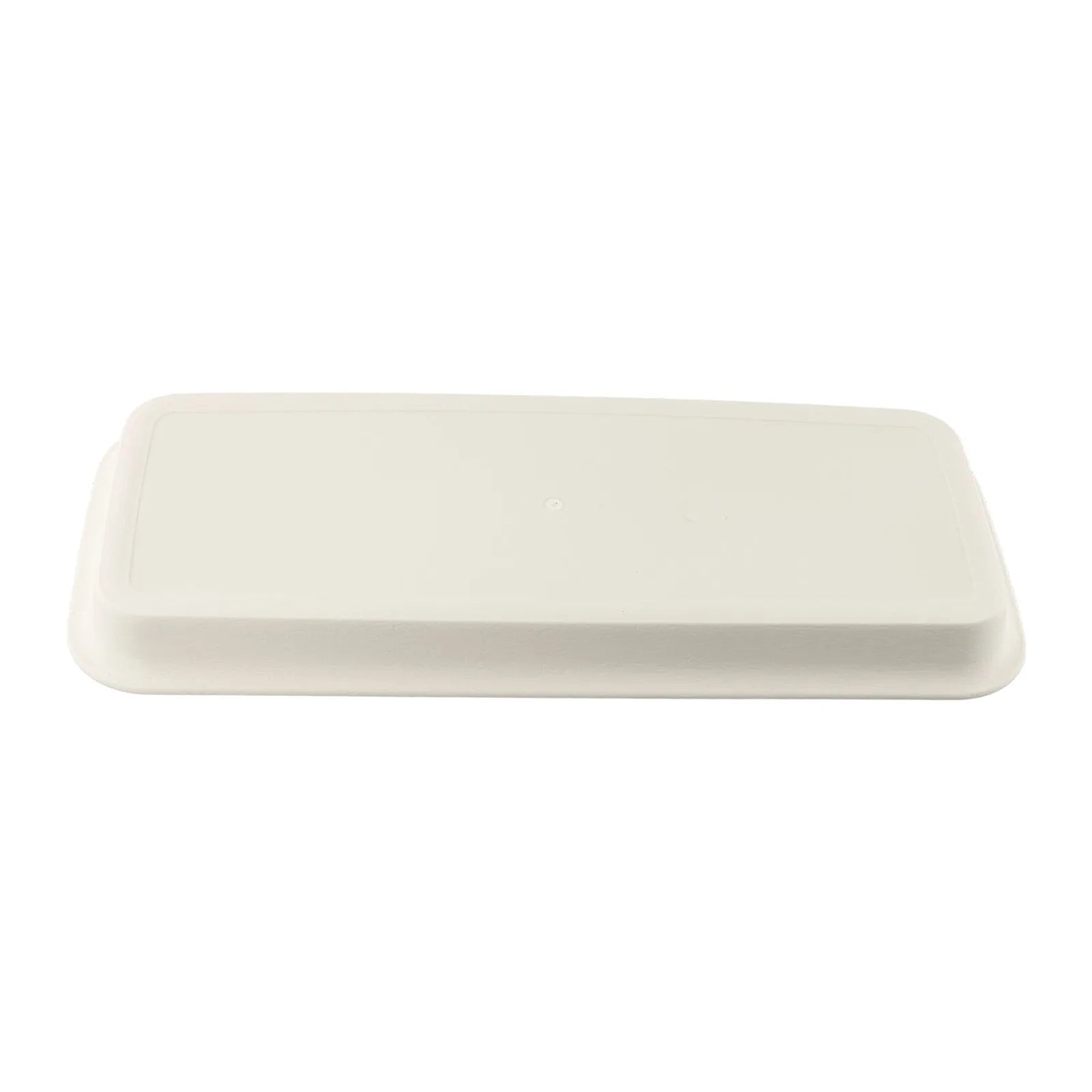 Rectangular plastic plant tray, light beige, angled view of shallow base