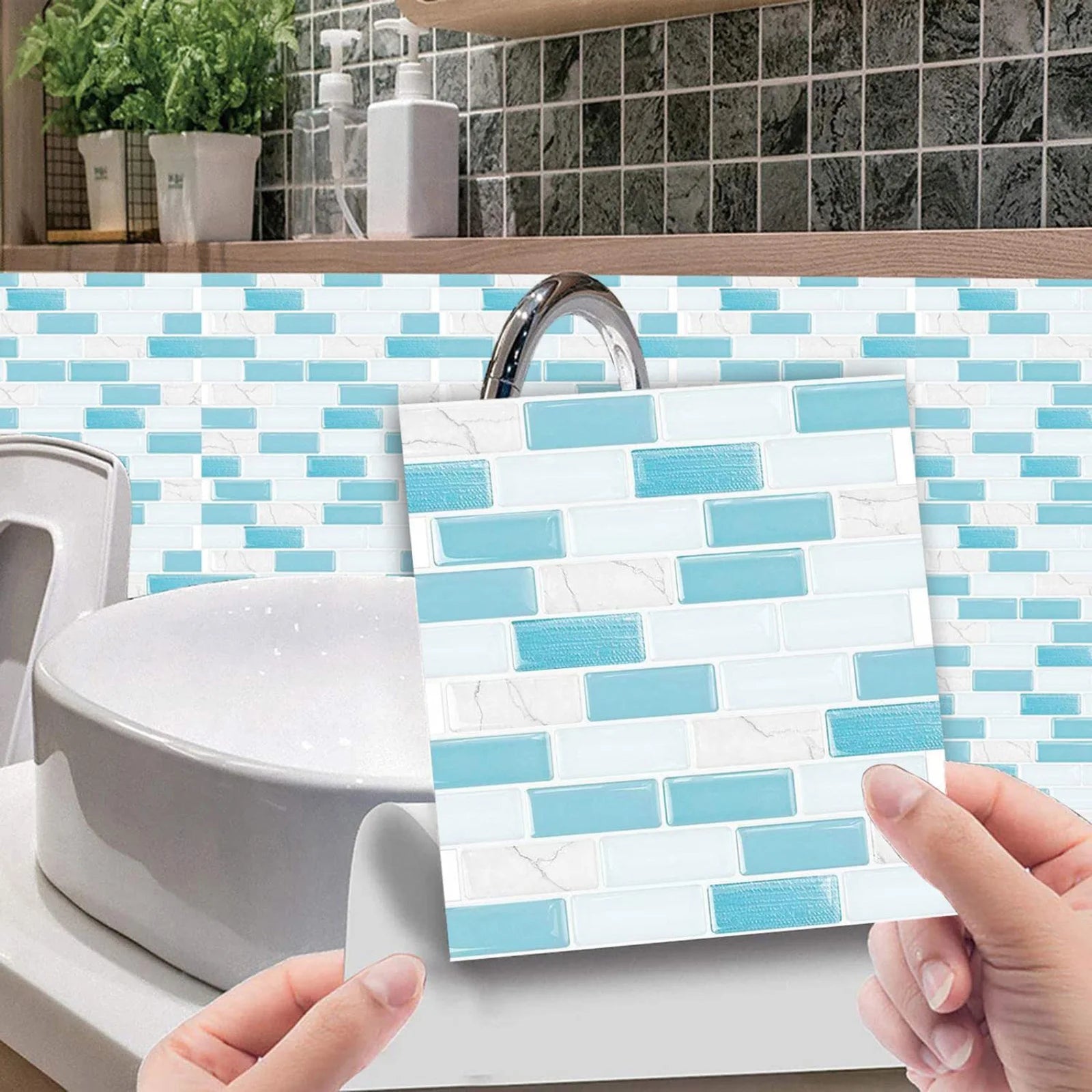 10pcs Self Adhesive Tiles Stickers Marble Mosaic Embossing Tile Stickers Kitchen Bathroom Waterproof  Wall Decals Decoration ﻿