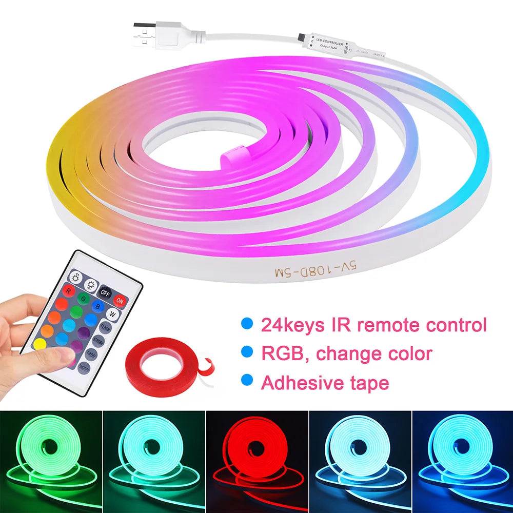 5V USB RGB LED Neon Strip Light 24key Remote Control Adhesive Tape 3535 108LED/m 6x12mm Waterproof Flexible Lamp Home Decoration