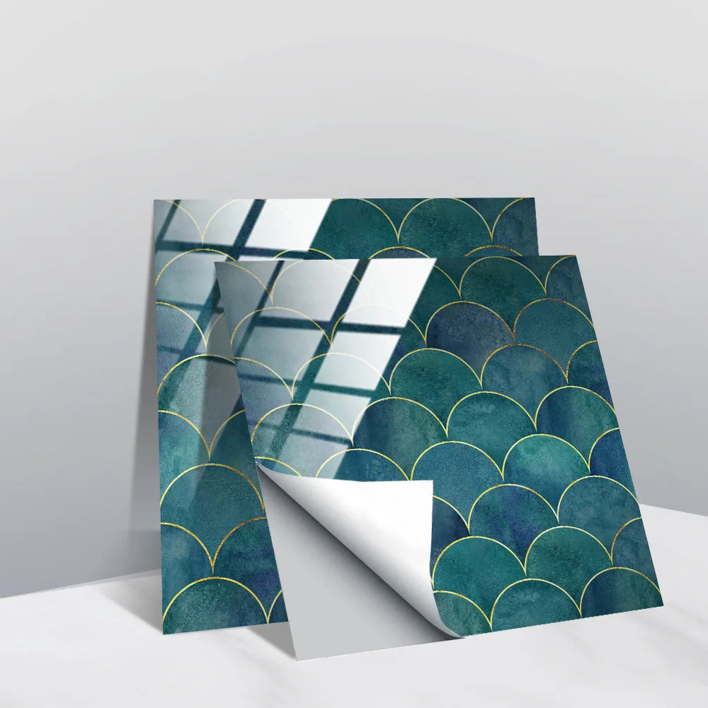 Peel-and-stick faux crystal tile wall stickers, teal with gold scallop arcs and lines.