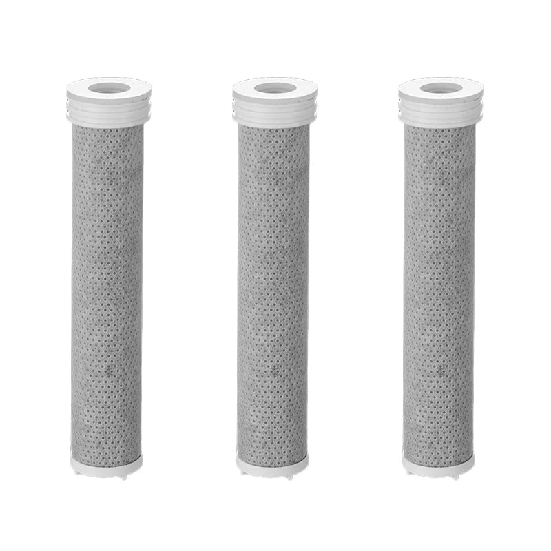 Shower water filter cartridges, perforated gray cylinders with white end caps, 3-pack