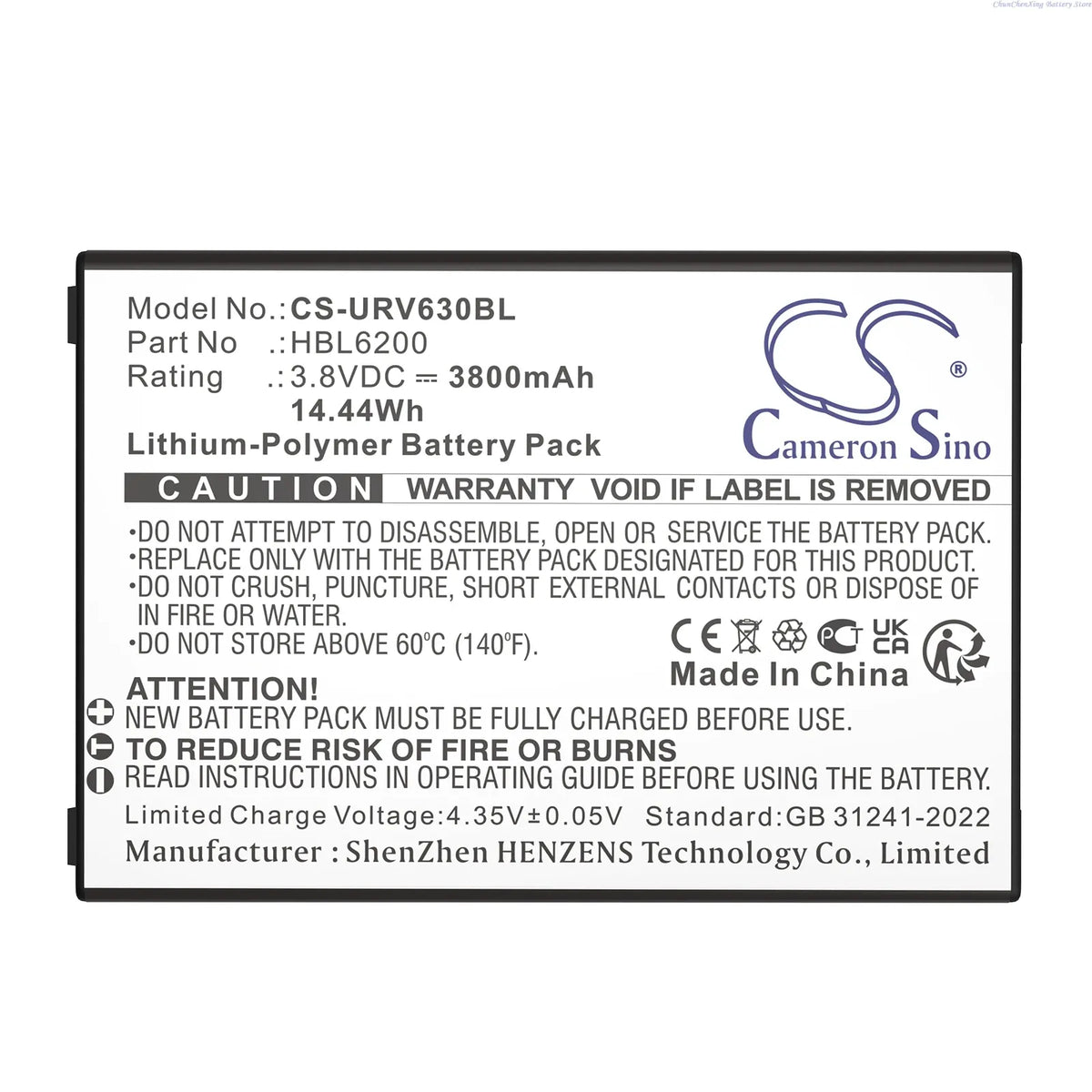 Battery pack label shows CS-URV630BL model, HBL6200 part, 3800mAh, 14.44Wh