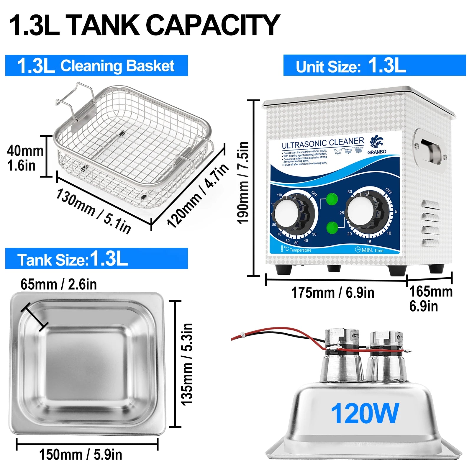Tidesmit 120W ultrasonic cleaner 1.3L tank with heater and timer for cleaning watches, jewelry, and small parts
